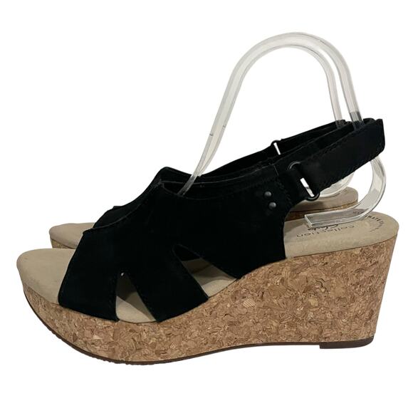 Clarks Women Annadel Bari Sandal Size 9 M Black Leather Cork Wedge Heel Platform - Picture 1 of 9